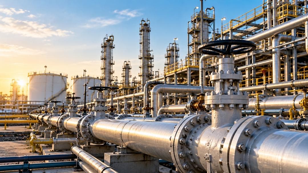 Industrial refinery pipelines and valves at sunset