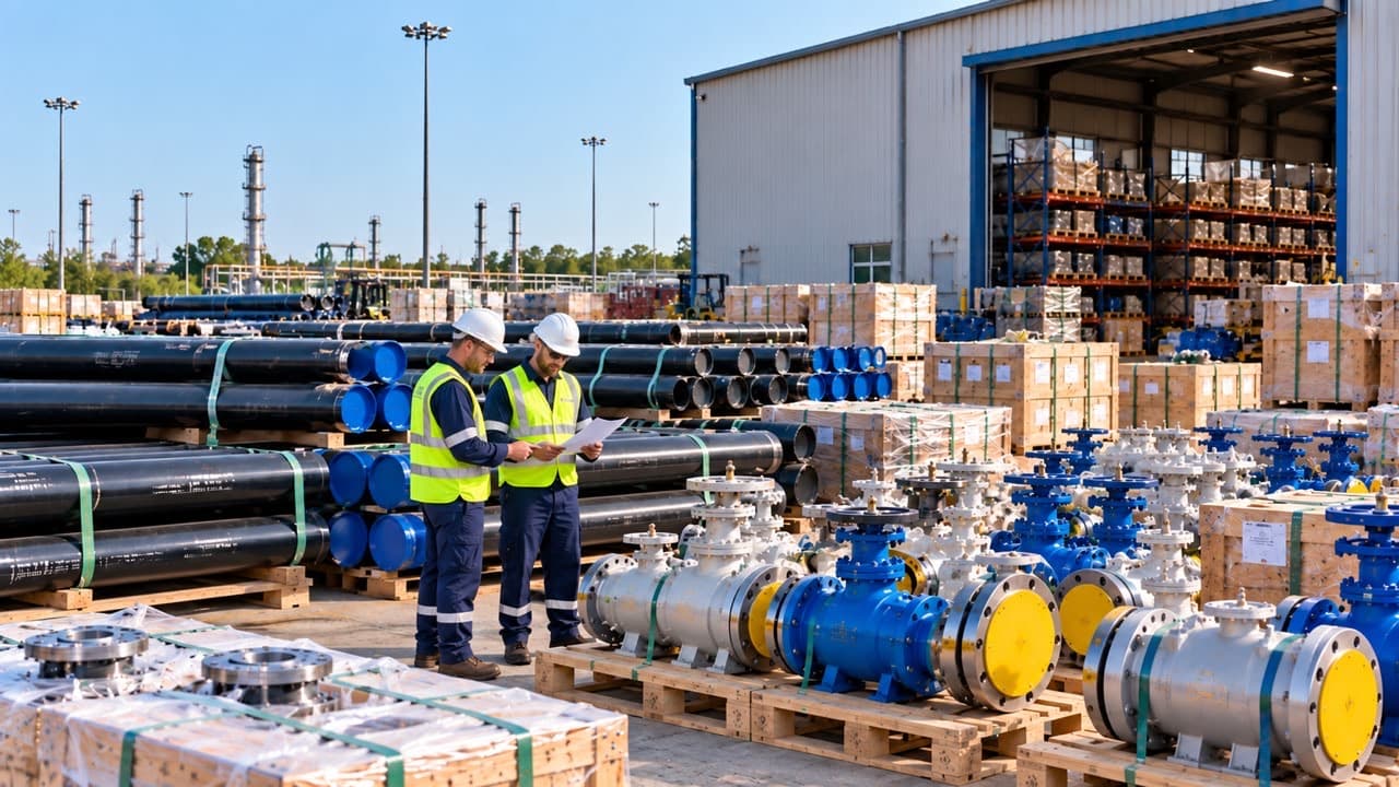 Engineers reviewing documents among pipes and valves at an industrial equipment yard