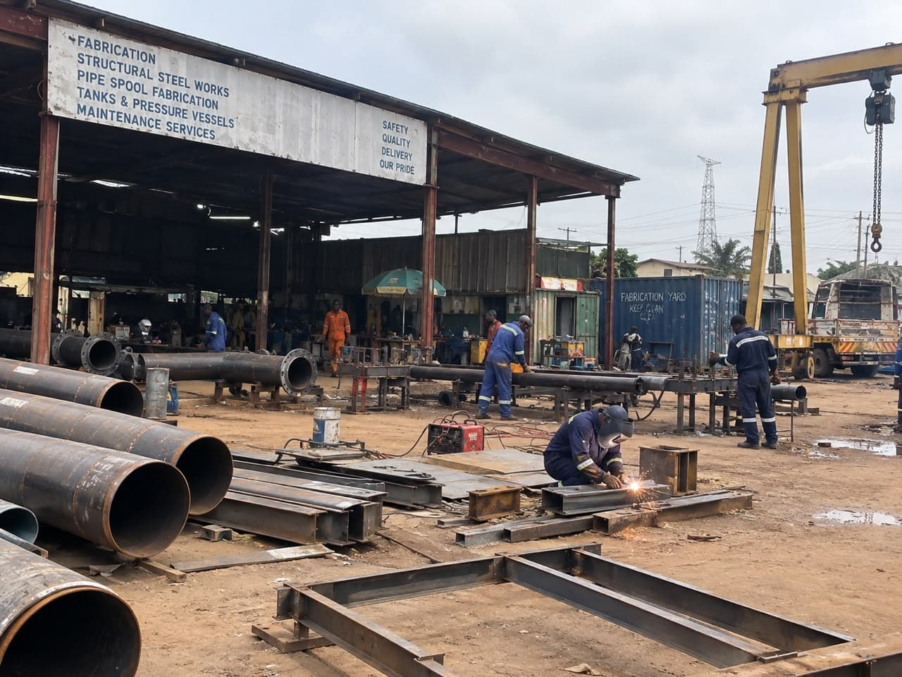 Industrial fabrication workshop with piping assemblies