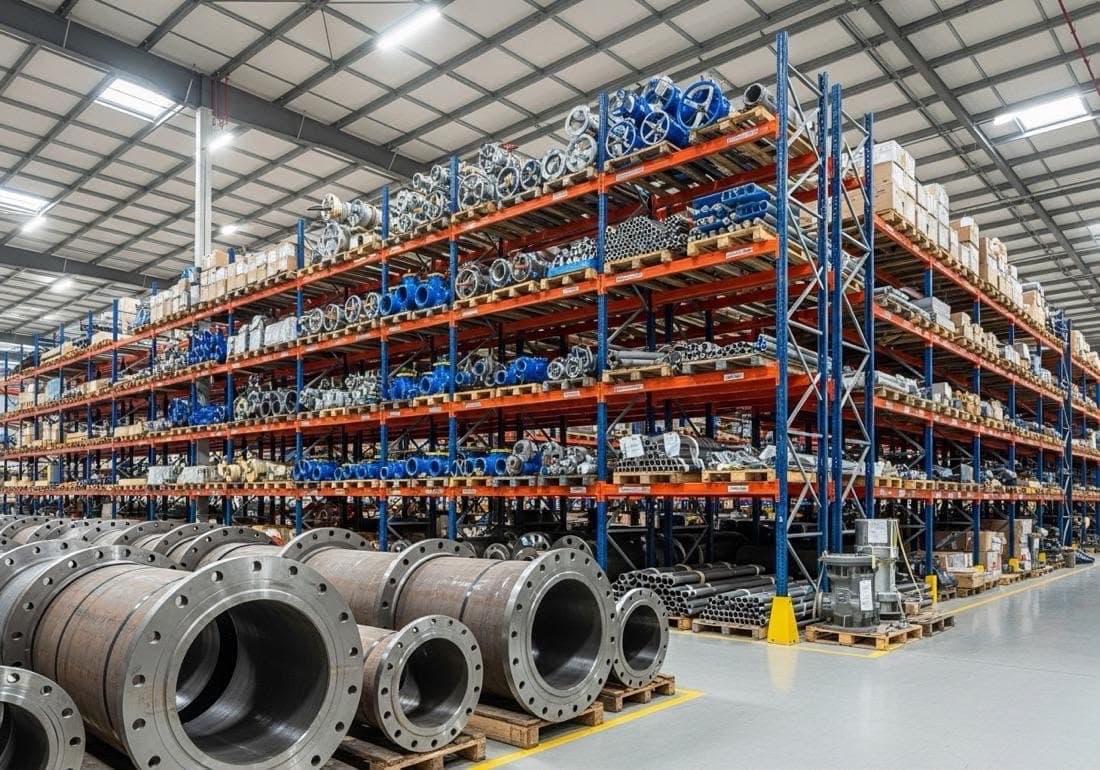 Warehouse stocked with industrial valves, pipe fittings and equipment