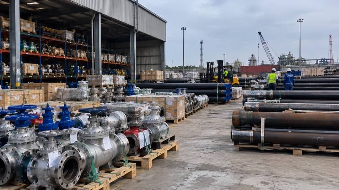 Valves and pipeline materials stocked in an industrial supply yard